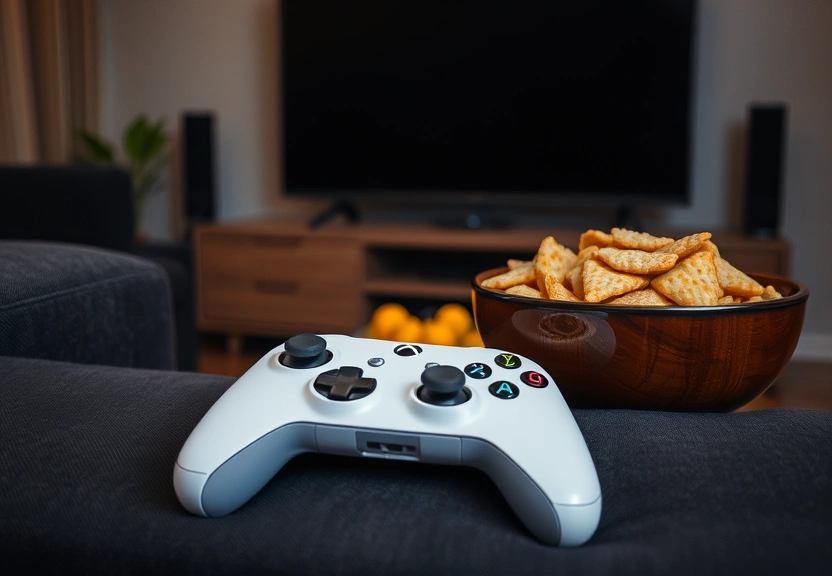 Controle de videogame no sofá, com a televisão desligada ao fundo
