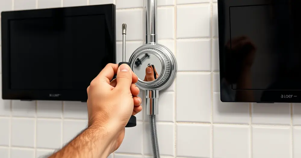 Mão segurando chave de fenda próxima ao cano do chuveiro em parede de azulejo durante manutenção