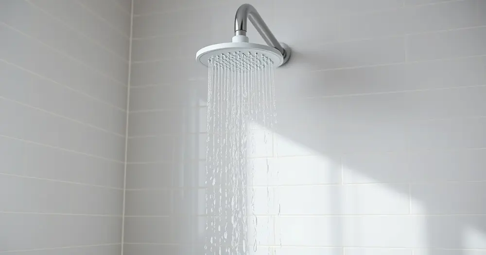 Chuveiro elétrico branco moderno instalado em parede de azulejo claro de banheiro limpo