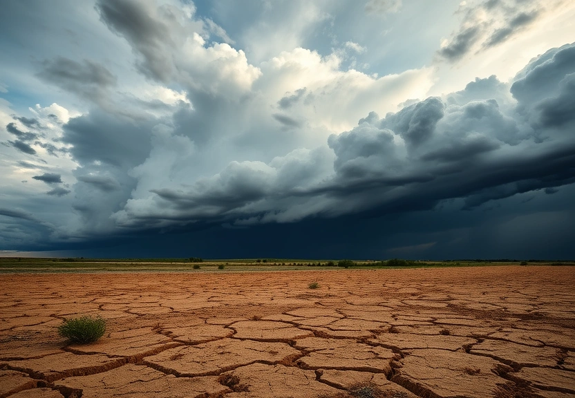 Solo rachado pela seca com nuvens de tempestade se formando ao fundo